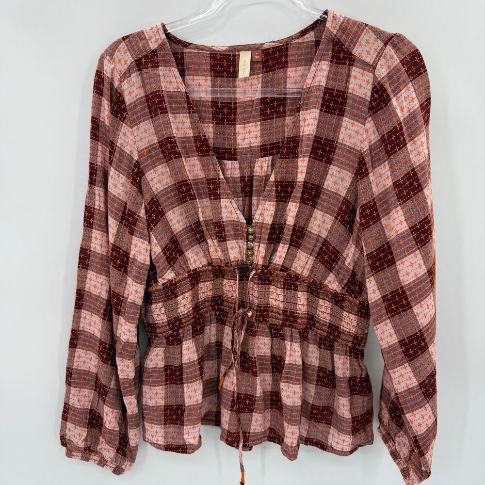 PILCRO by ANTHRO Smocked Swing Blouse Size M V-Neck Wool Blend Boho Festival - Picture 1 of 10